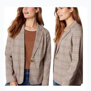 J. Jill Women's Size Large Tan Navy Mendocino Plaid Single Button Blazer